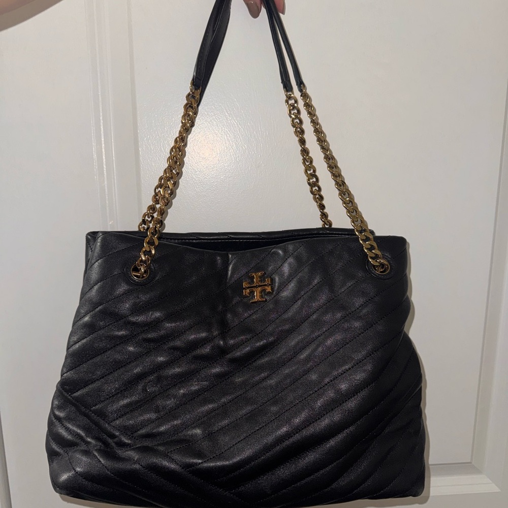 Tory Burch Black Quilted Tote with Gold Chain